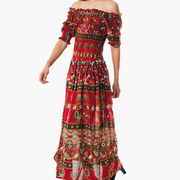 Red peasant maxi dress short sleeve off shoulder boho summer floral tie dye - Picture 3 of 4